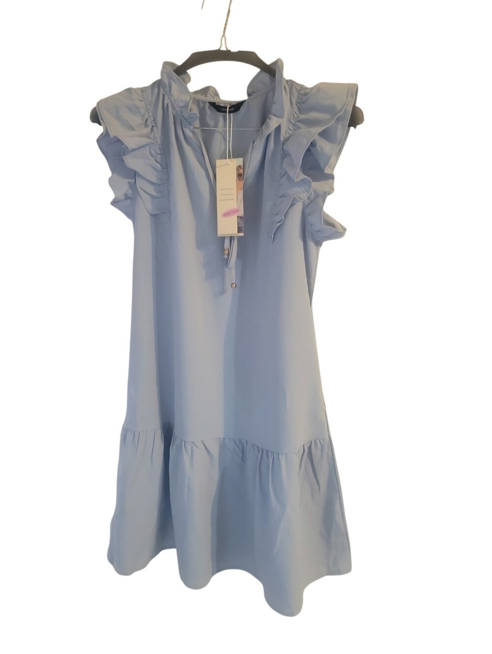 Dokotoo V-Neck Drawstring Ruffle Cap Sleeve  Light Blue Baby Doll Style Dress S